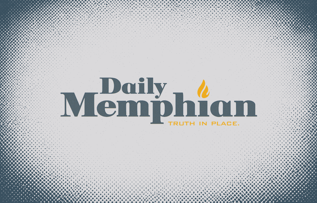 Daily Memphian logo centered on a light gray halftone background with distressed blue border texture.