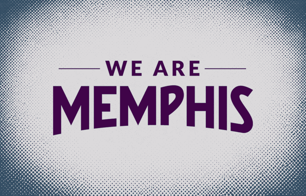 We Are Memphis logo centered on a light gray halftone background with distressed blue border texture.