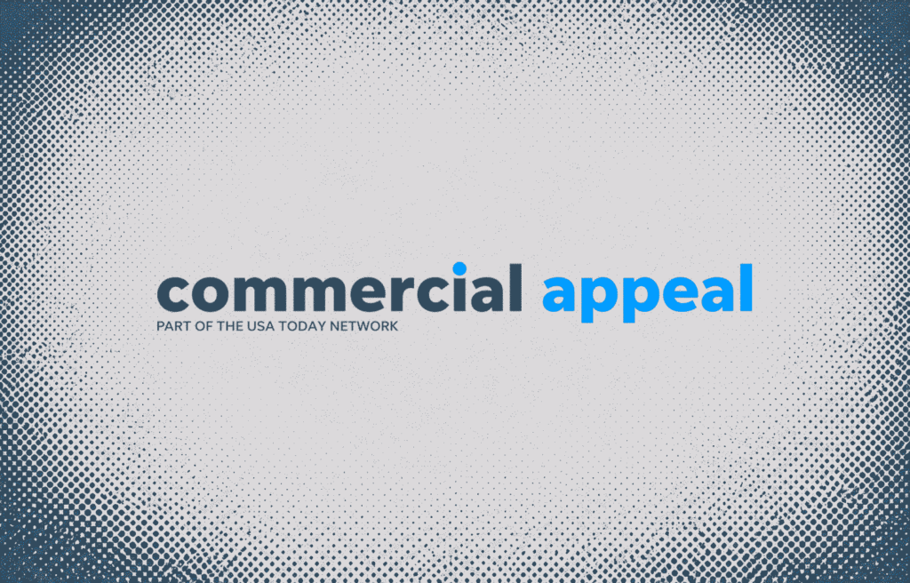 Commercial Appeal logo centered on a light gray halftone background with distressed blue border texture.
