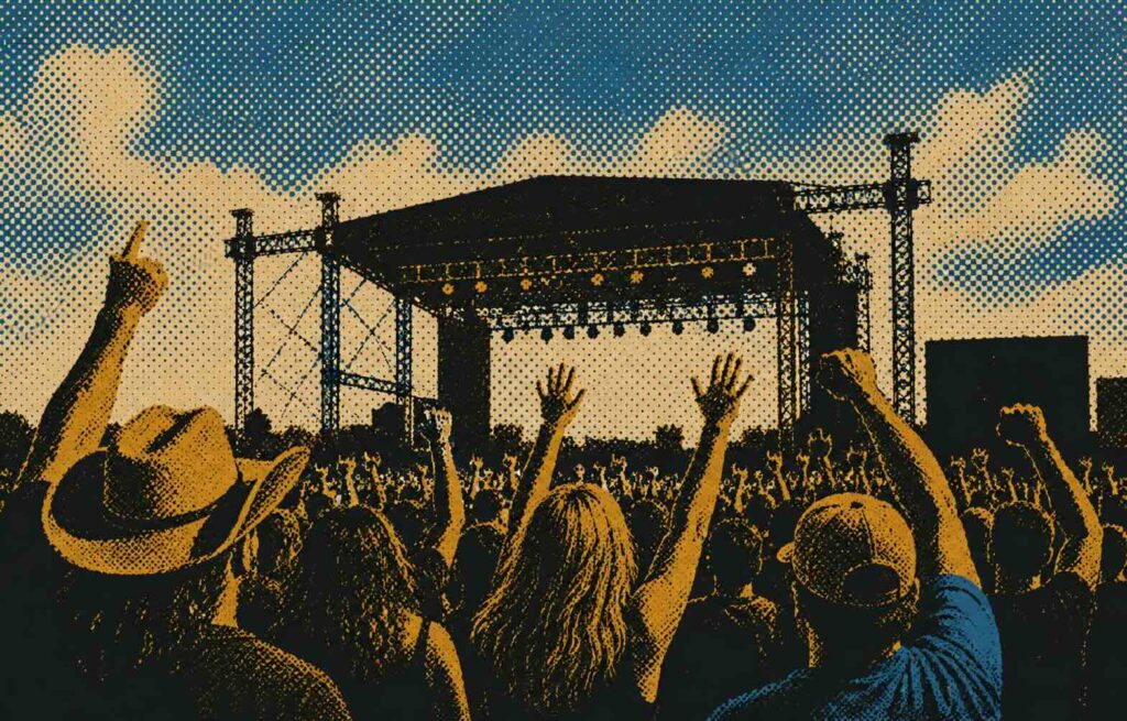 Halftone-style illustration of a cheering concert crowd facing a Grind city Amp outdoor stage in gold, blue, and black tones.