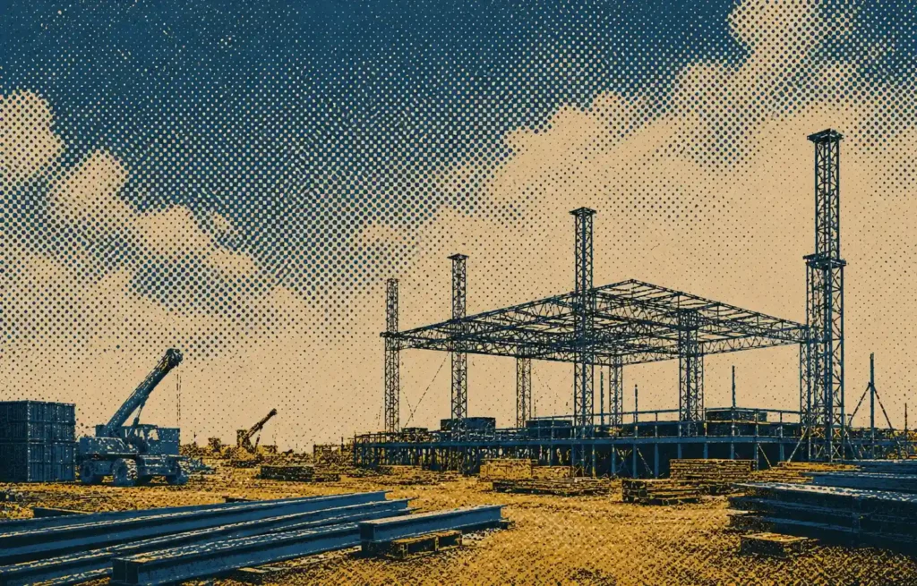 Halftone-style illustration of Grind City Amp stage under construction with steel framing & cranes